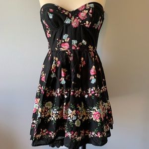Black floral print strapless bustier dress